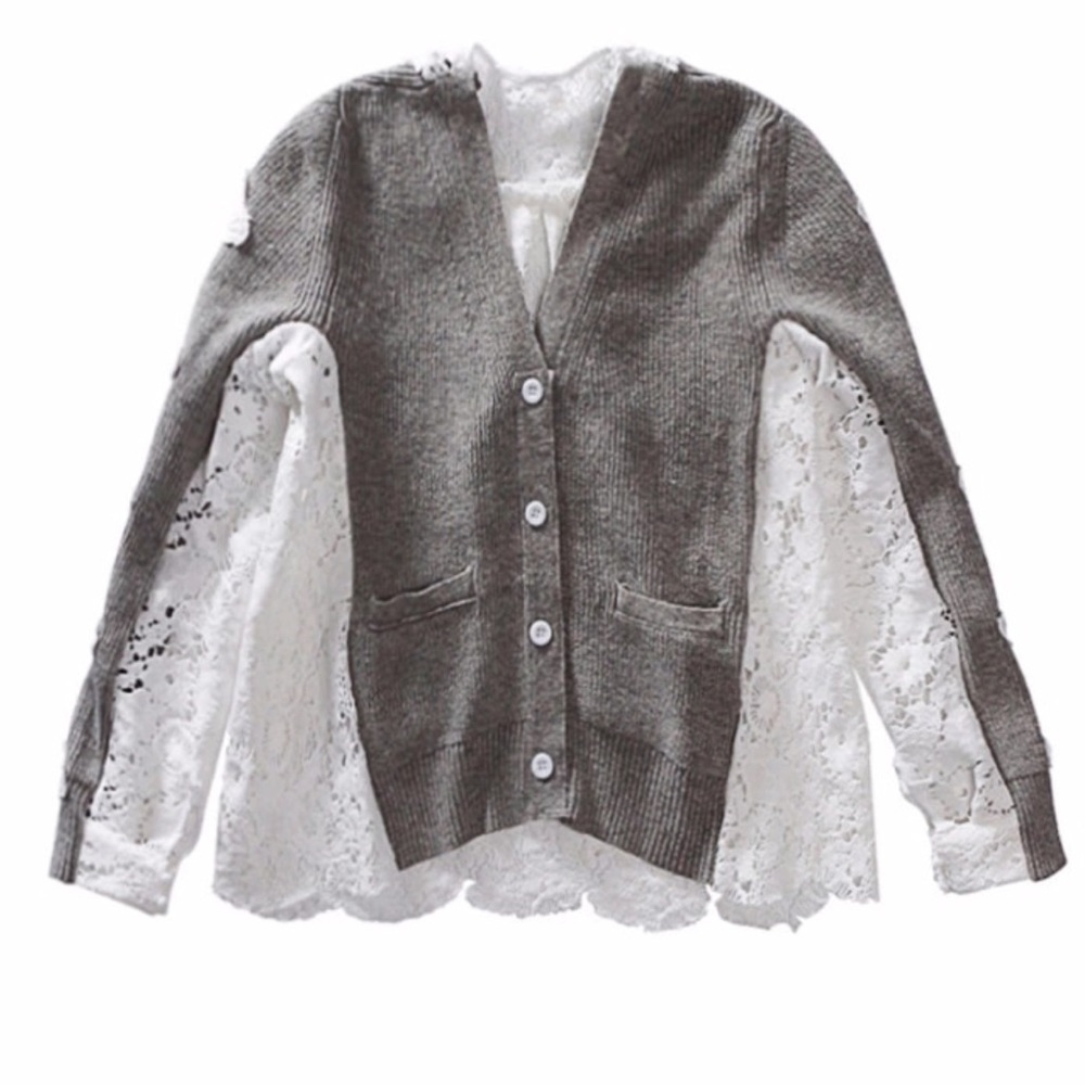 Gray knit & lace RUNWAY STYLE cardigan sweater